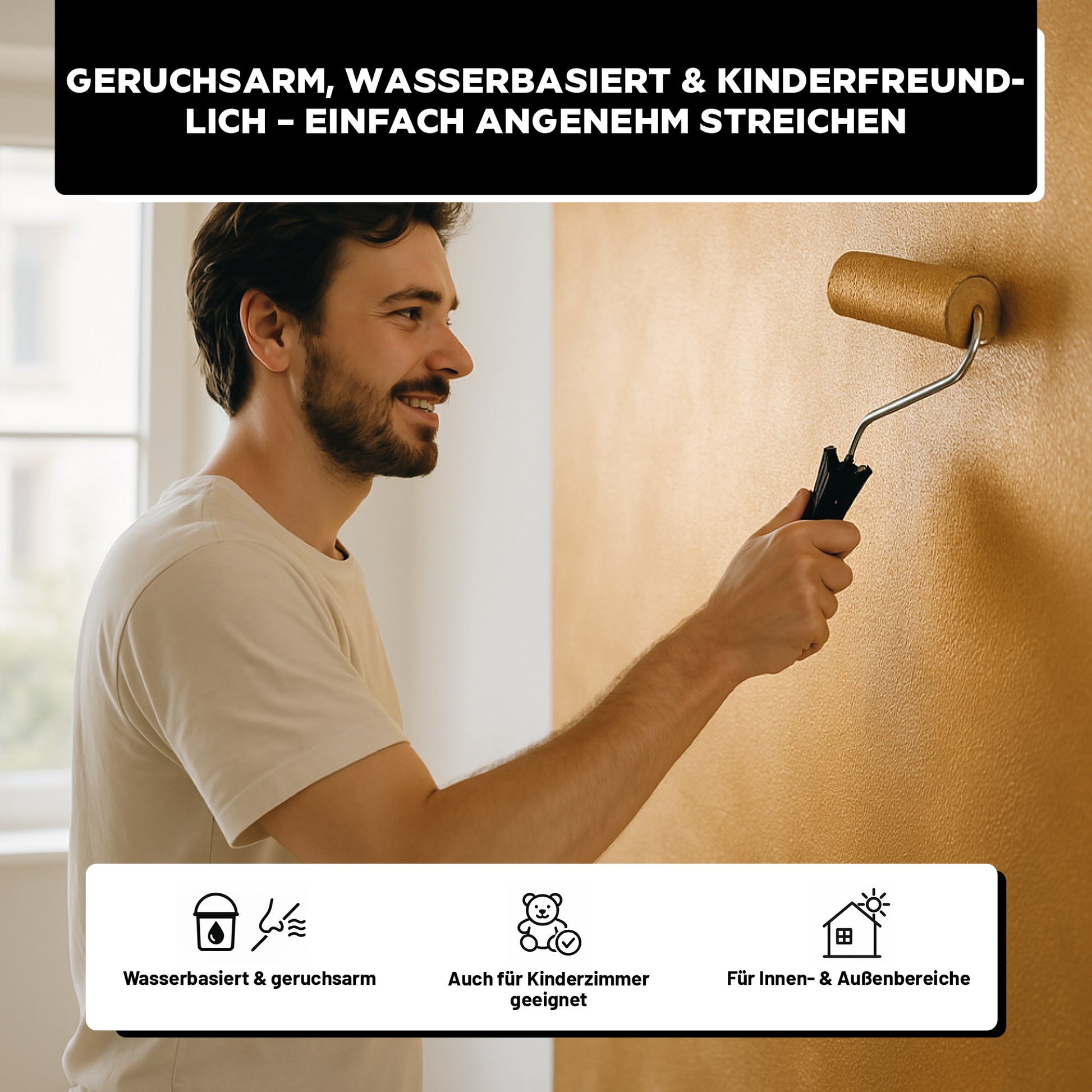 Einfache Anwendung mit Farbrolle – wasserbasierte, geruchsarme Metallic Wandfarbe, geeignet für Wohnräume und Kinderzimmer.