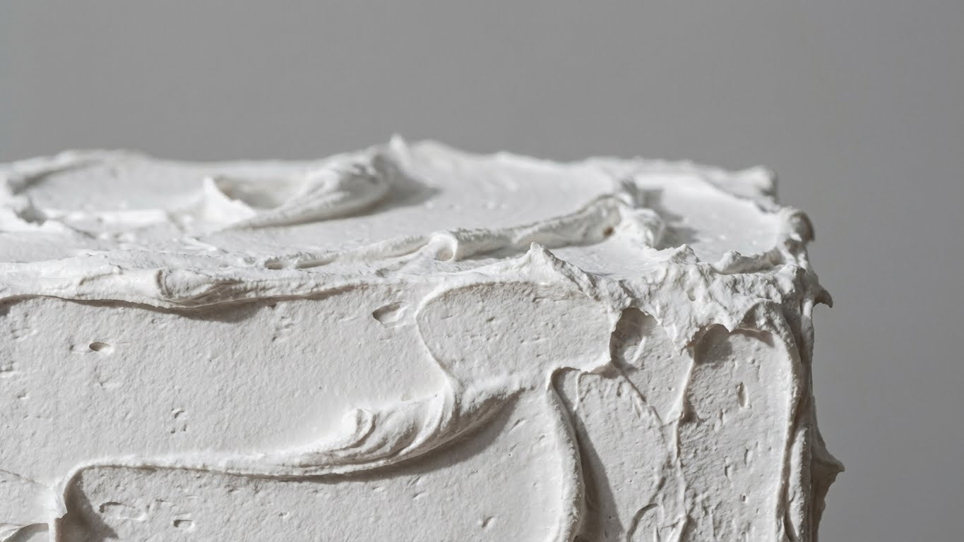 Detailaufnahme einer stark aufgetragenen Strukturpaste mit ausgeprägter Kanten- und Reliefbildung.