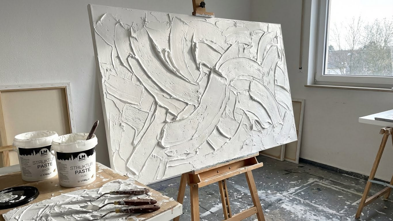 Großformatige Leinwand im Atelier mit plastischem Strukturauftrag, gestaltet mit LM Strukturpaste Fein und Grob.