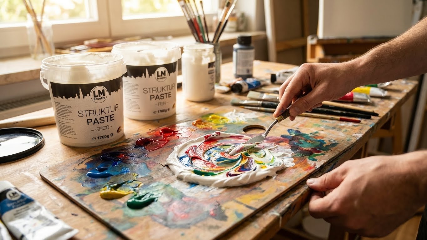 Anwendung der LM Strukturpaste in Kombination mit Acrylfarben auf Mischpalette zur Erzeugung farbiger Struktureffekte.