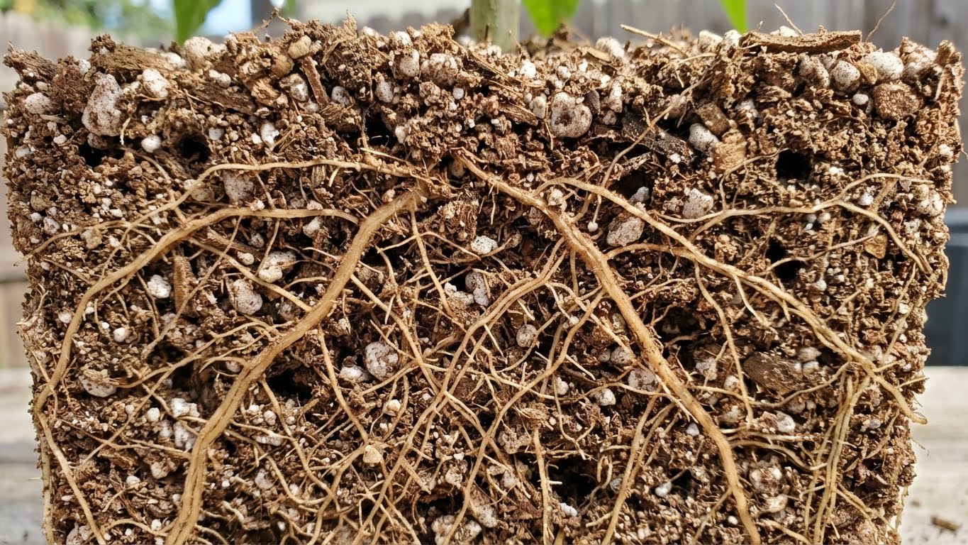 Querschnitt durch lockere Erde mit feinem Wurzelgeflecht und sichtbaren mineralischen Bestandteilen