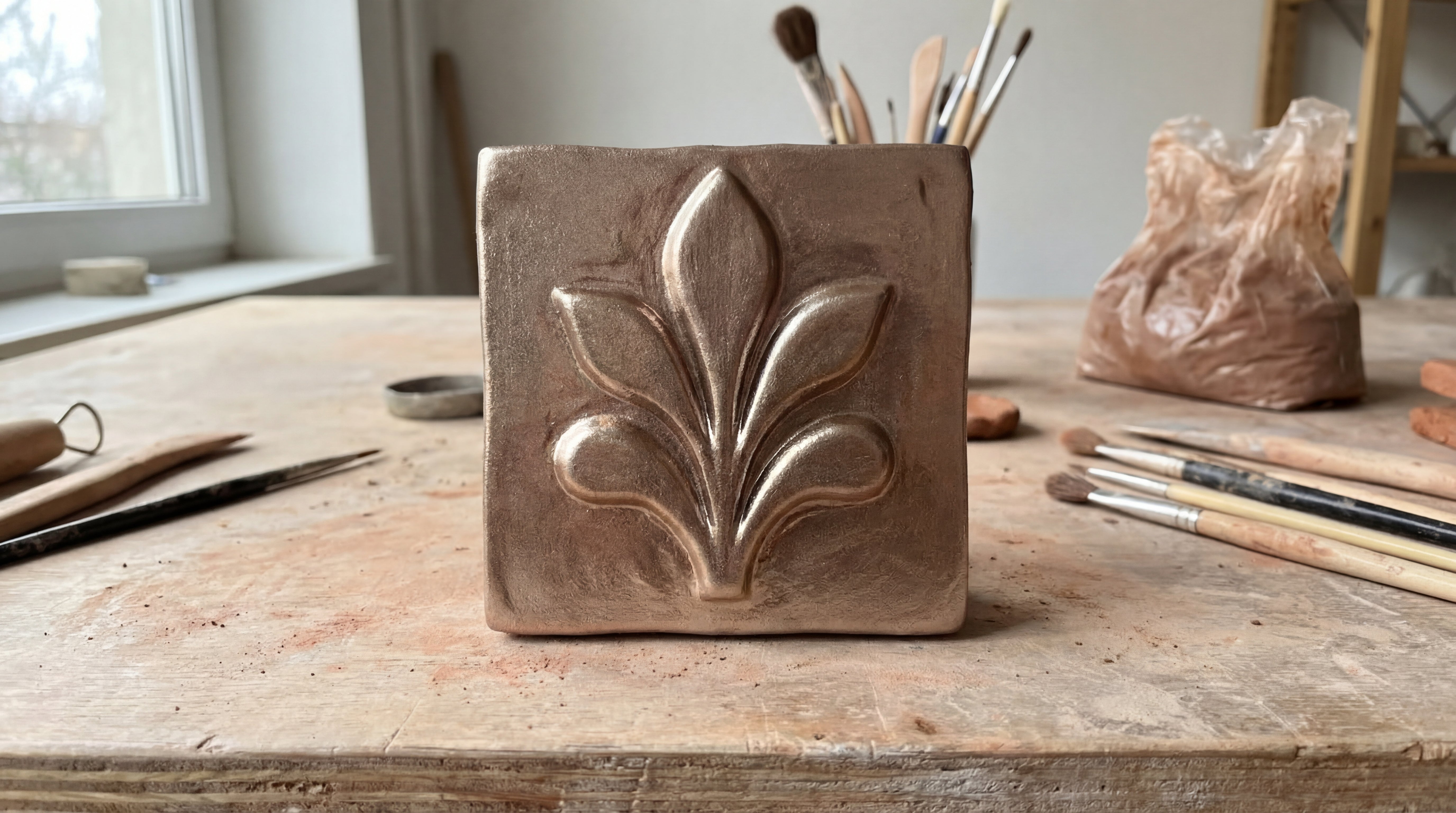 Keramikrelief nach dem Auftrag von bronzefarbener Metallic-Effektfarbe