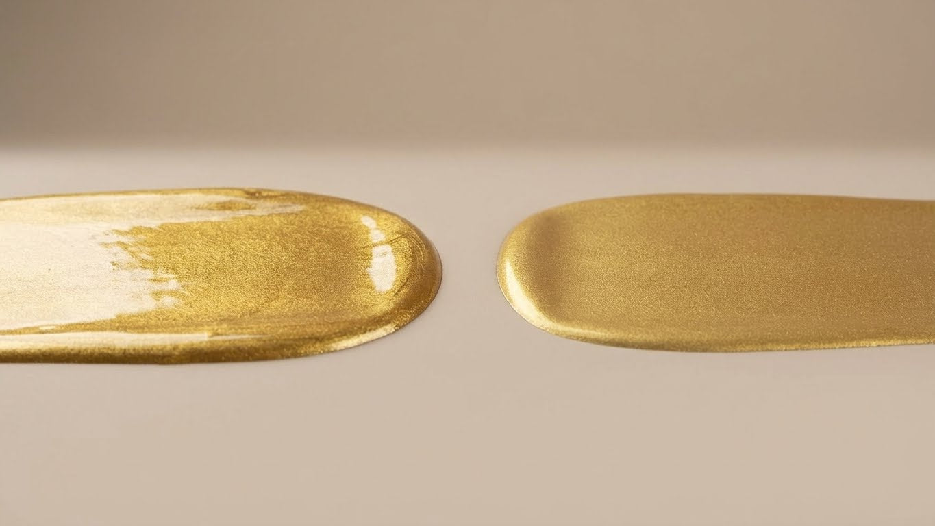 Vergleich von ungleichmäßigem und gleichmäßigem Auftrag goldener Metallicfarbe