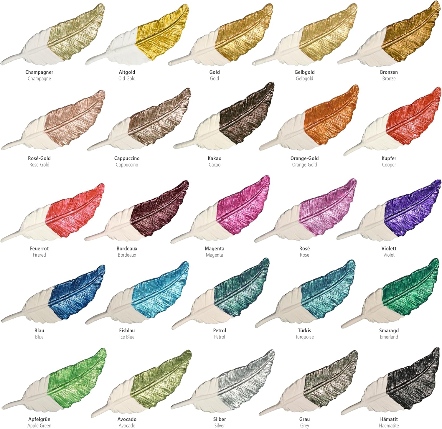 Viva Decor Maya Gold Farbübersicht mit allen Metallic-Farbtönen – von Gold und Kupfer bis Blau, Grün und Silber