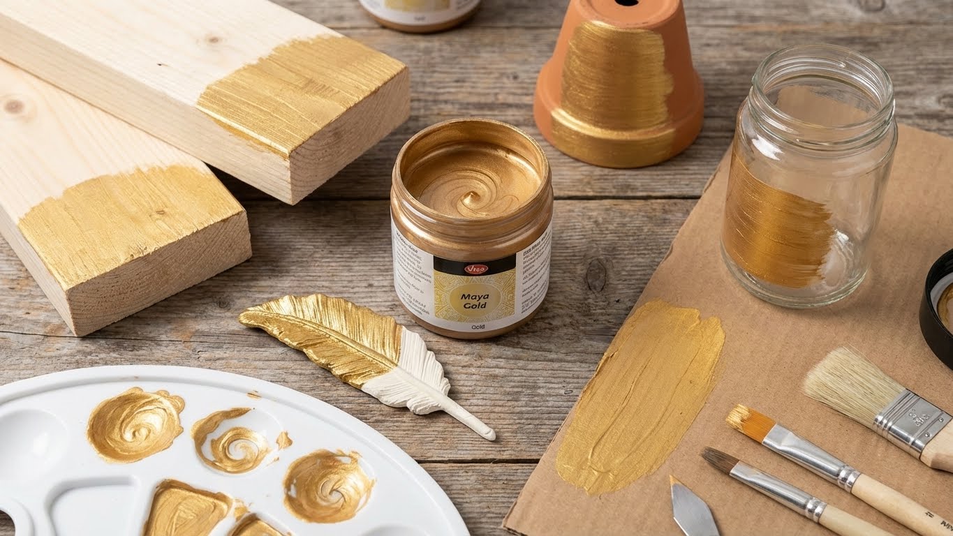 Maya Gold Metallicfarbe Gold auf Holz, Terrakotta und Glas – kreative DIY-Anwendung mit Pinseln und Farbmustern