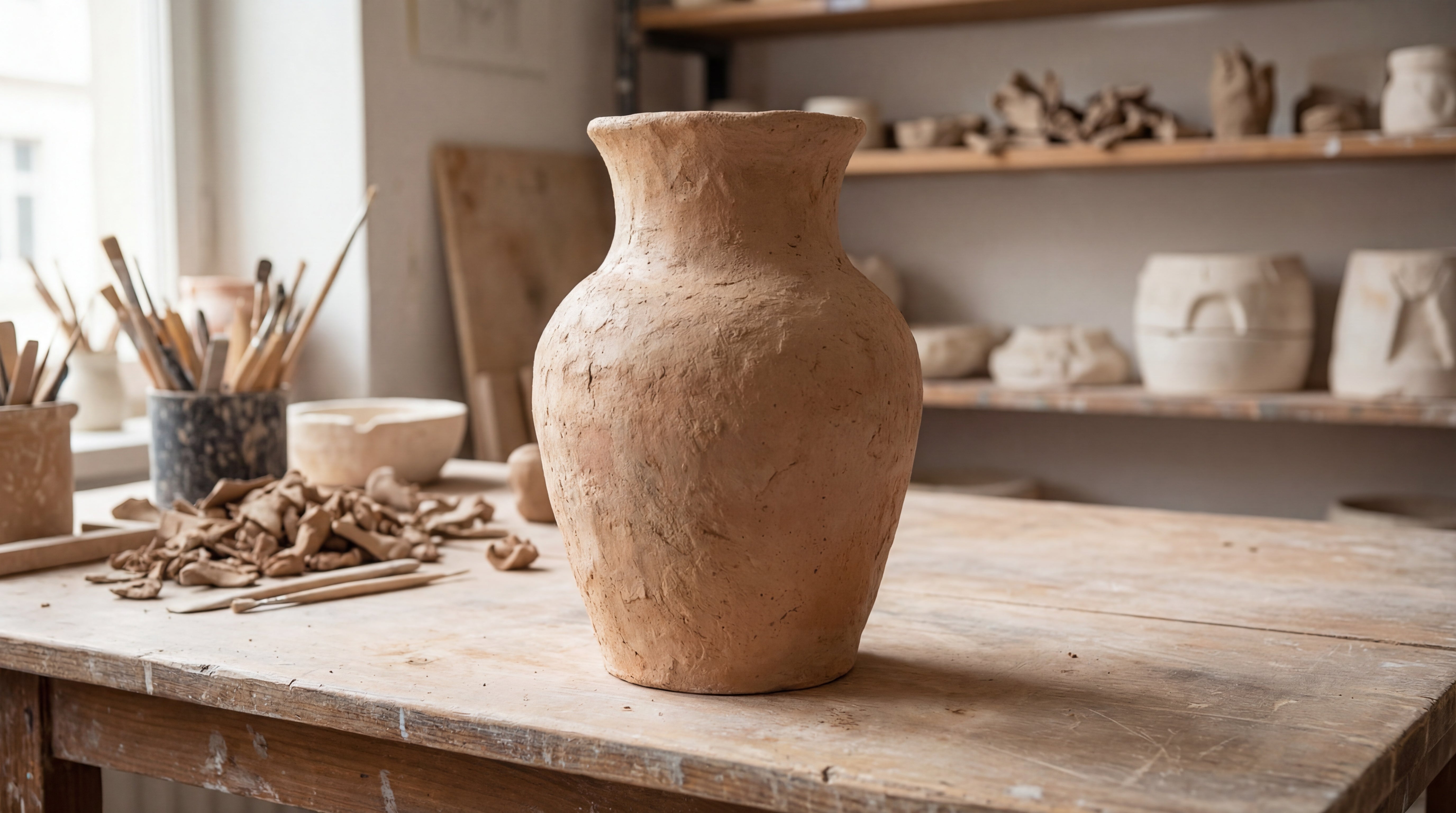 Keramikvase aus Ton vor dem Bemalen – unbehandeltes Objekt als Ausgangsbasis für Maya Gold Metallicfarbe