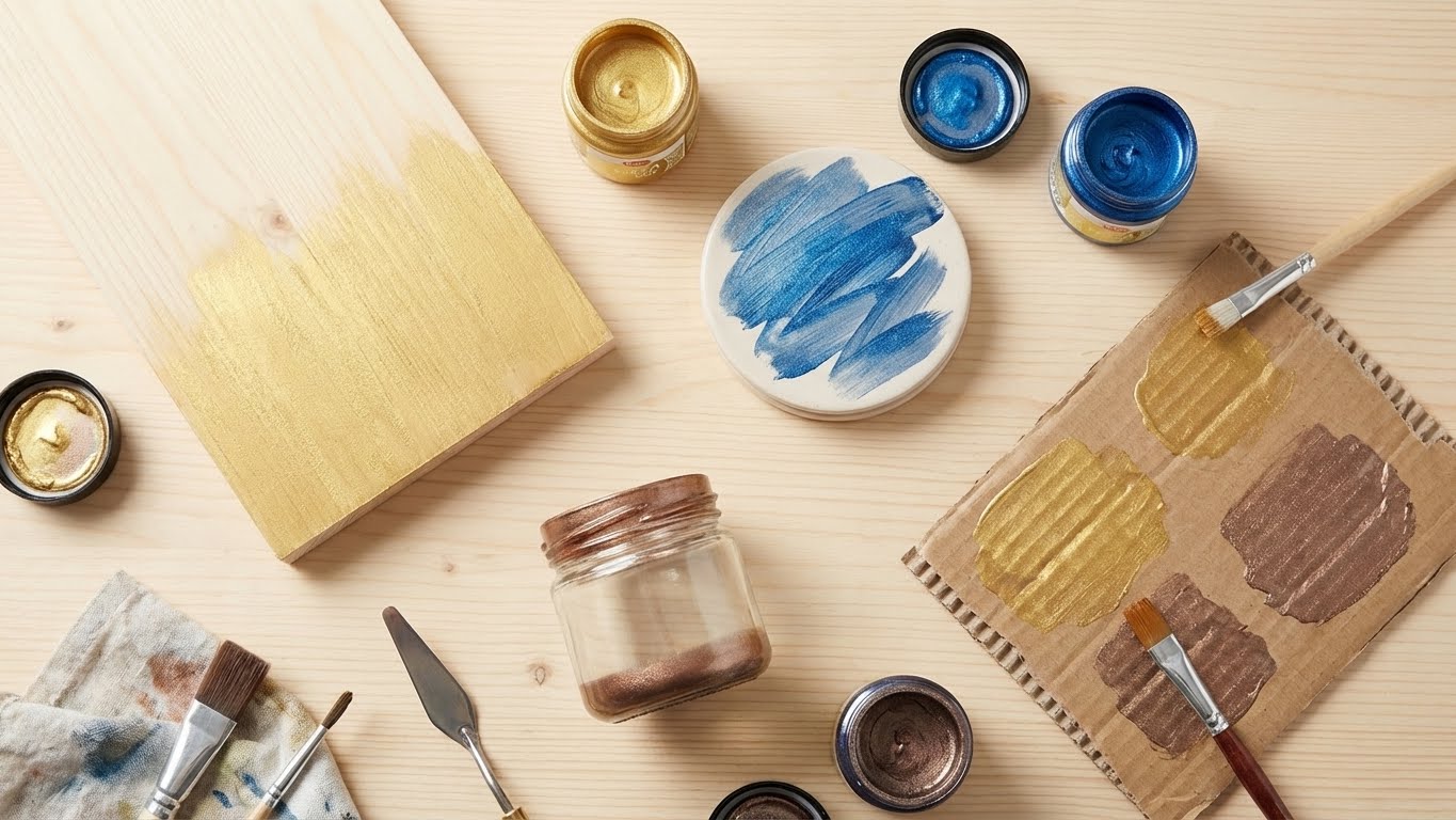 Kreativer Arbeitsplatz mit Maya Gold Metallicfarben, Pinseln und Farbmusterplatten