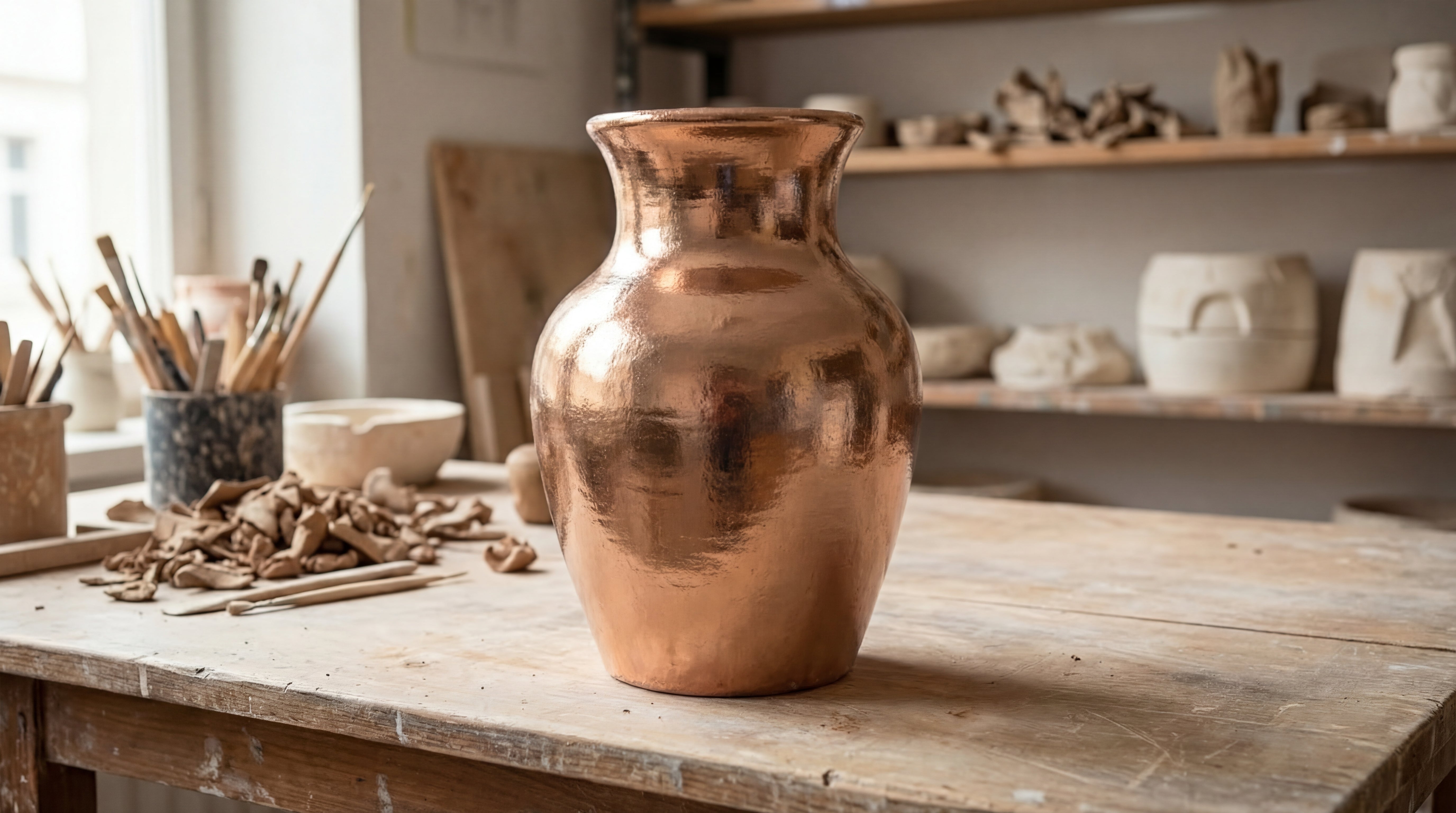 Keramikvase nach dem Bemalen mit Maya Gold Kupfer – glänzender Metalllook mit intensiver Farbtiefe