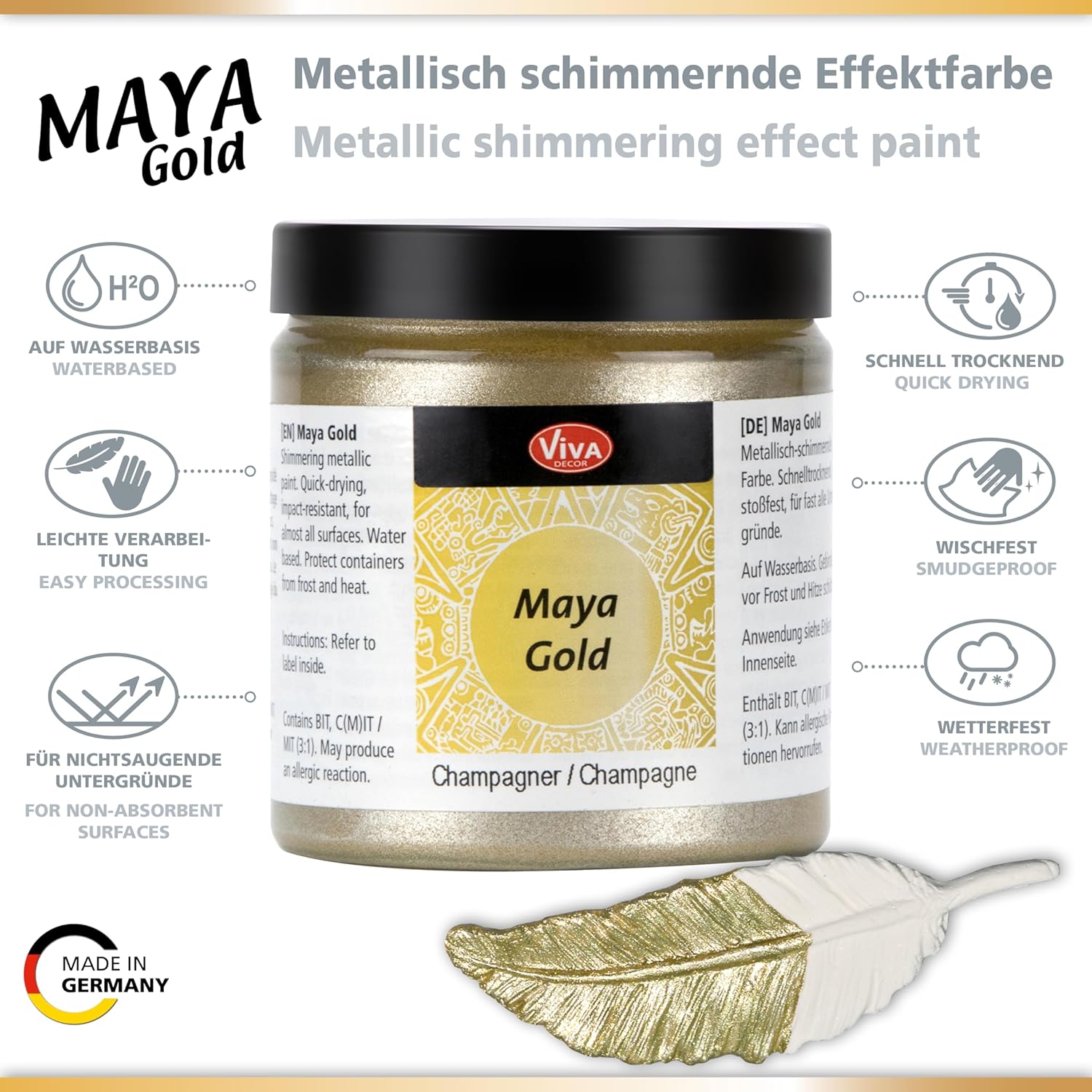 Viva Decor Maya Gold Champagner 250 ml – metallisch schimmernde Effektfarbe auf Wasserbasis, schnell trocknend, wisch- und wetterfest