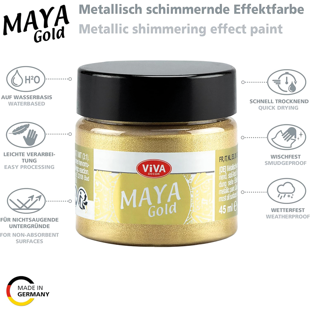 Viva Decor Maya Gold Metallfarbe 45 ml in Gold – wasserbasierte, schnell trocknende Metallic-Effektfarbe für kreative Projekte