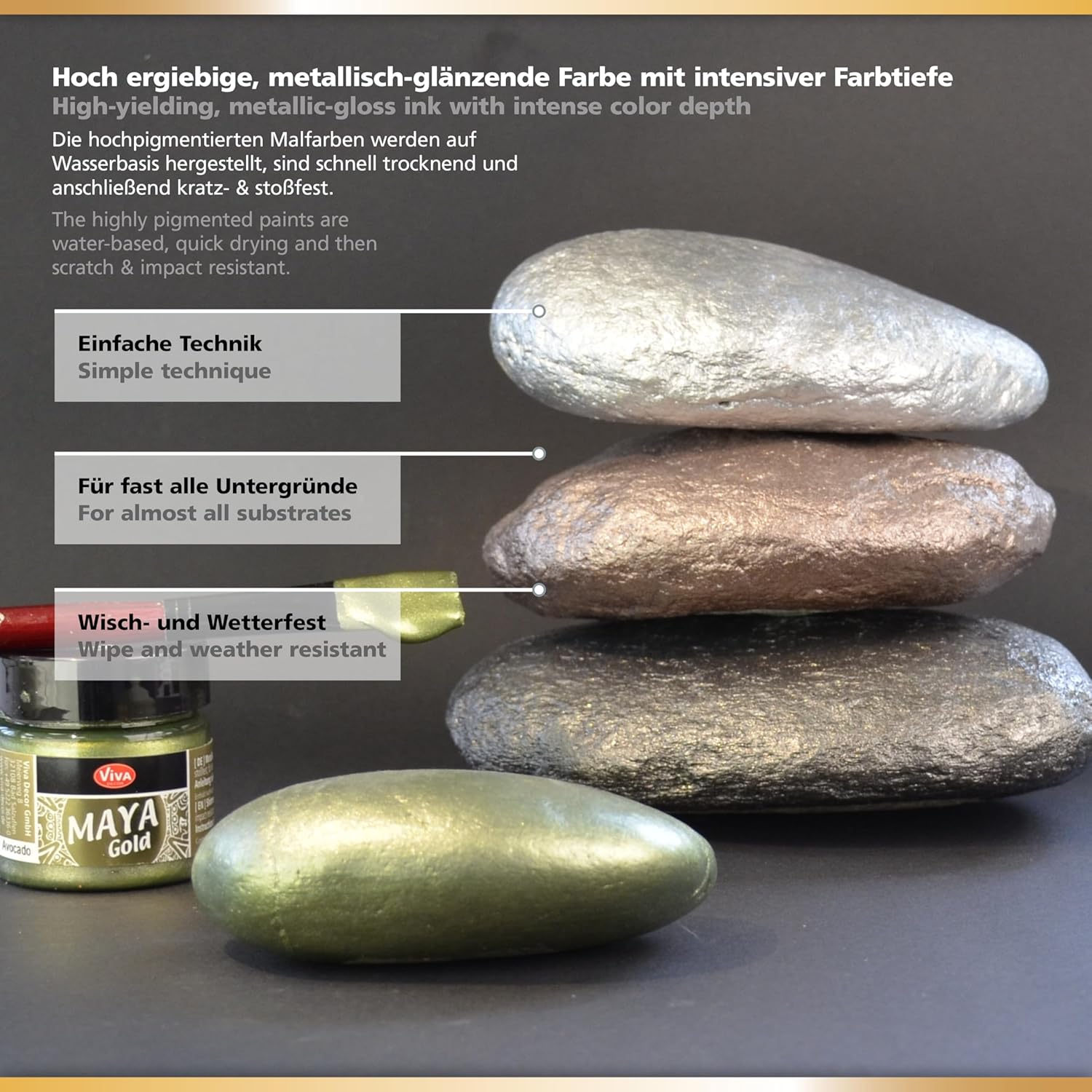 Mit Viva Decor Maya Gold bemalte Steine mit intensivem Metallic-Glanz und hoher Farbdeckung