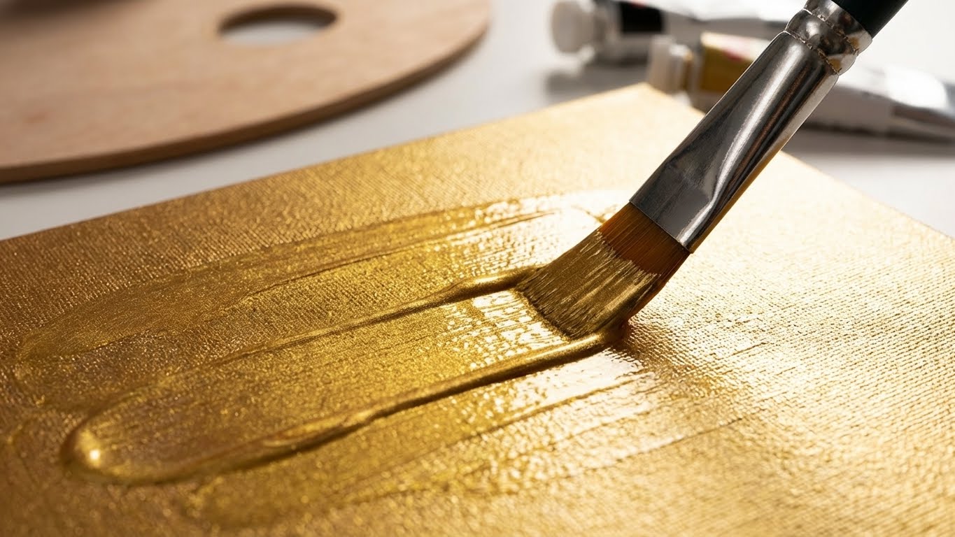 Goldene Metallic-Effektfarbe wird mit Pinsel gleichmäßig auf Leinwand aufgetragen