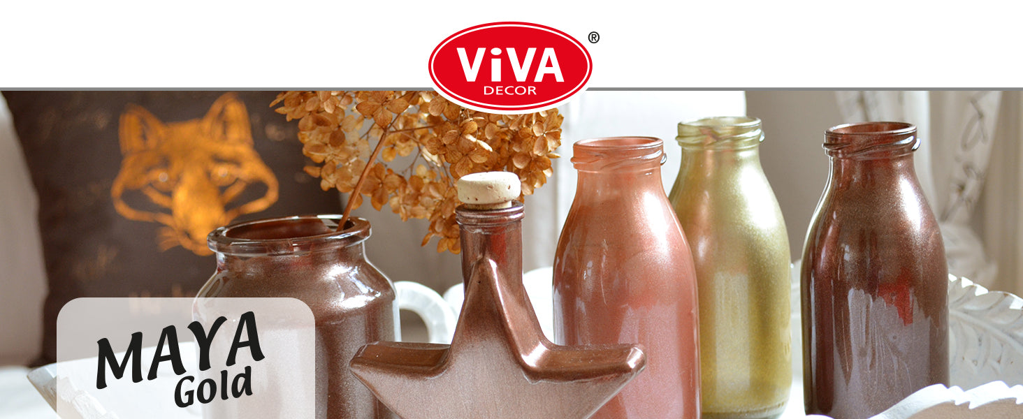 Maya Gold Effektfarbe von Viva Decor auf Glasflaschen mit edlem metallischem Glanz in verschiedenen Farbtönen