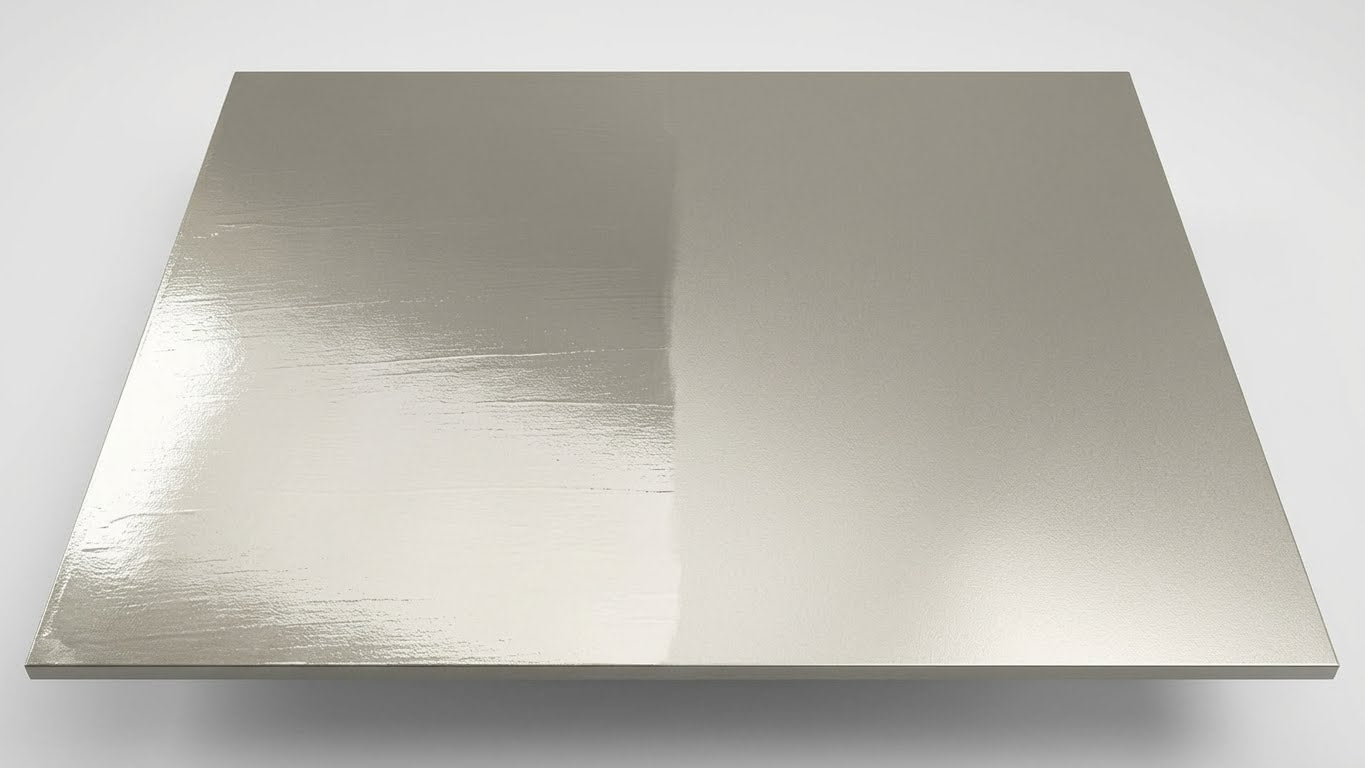 Vergleichsfläche mit Maya Gold Metallicfarbe – links hochglänzend gestrichen, rechts gleichmäßig matt deckend