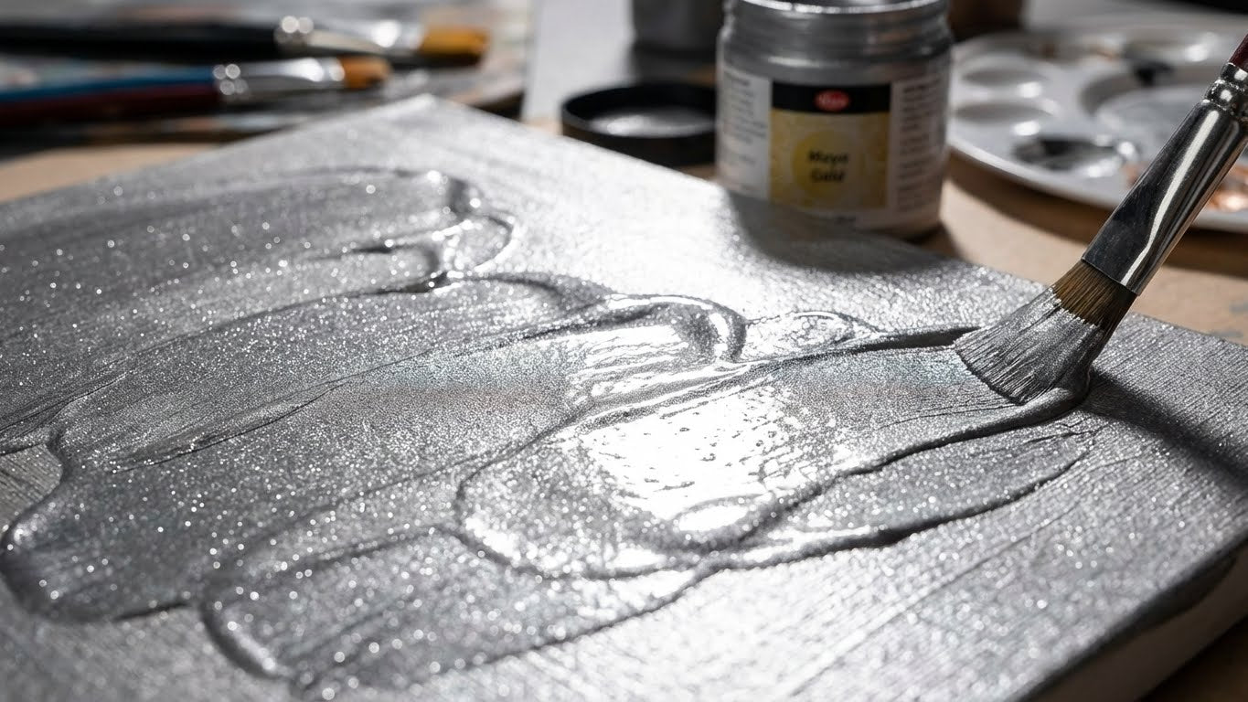 Silberne Maya Gold Metallicfarbe wird mit Pinsel deckend auf Leinwand aufgetragen und zeigt intensiven, gleichmäßigen Metallglanz