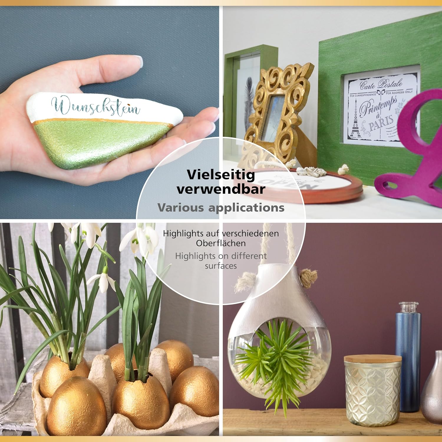 Vielseitige DIY- und Deko-Beispiele mit Viva Decor Maya Gold auf Holz, Glas, Keramik und Stein