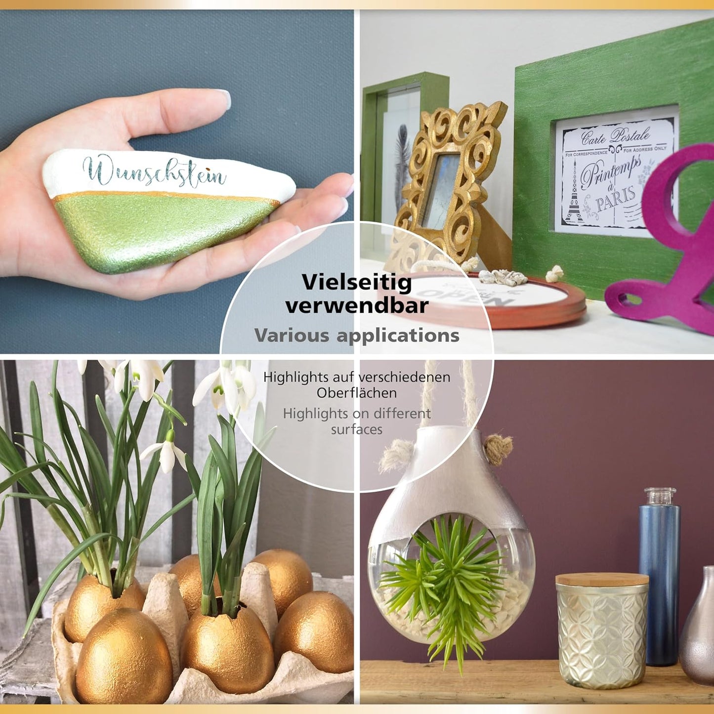 Viva Decor Maya Gold Anwendung auf Deko, Holz, Glas und Naturmaterialien – vielseitige Metallic-Effekte auf verschiedenen Oberflächen