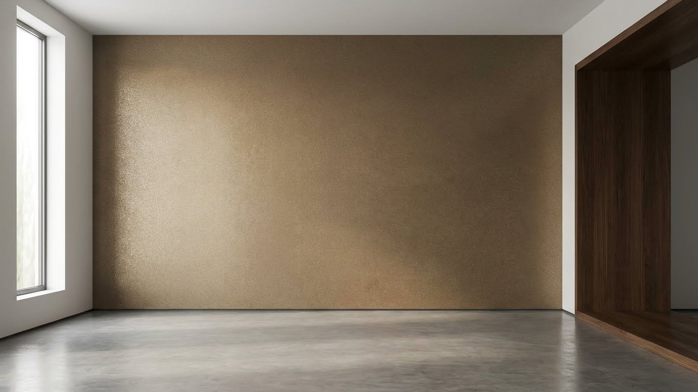 Moderner Raum mit großflächiger Akzentwand in Bronze Metallic Wandfarbe und sanftem Schimmer.