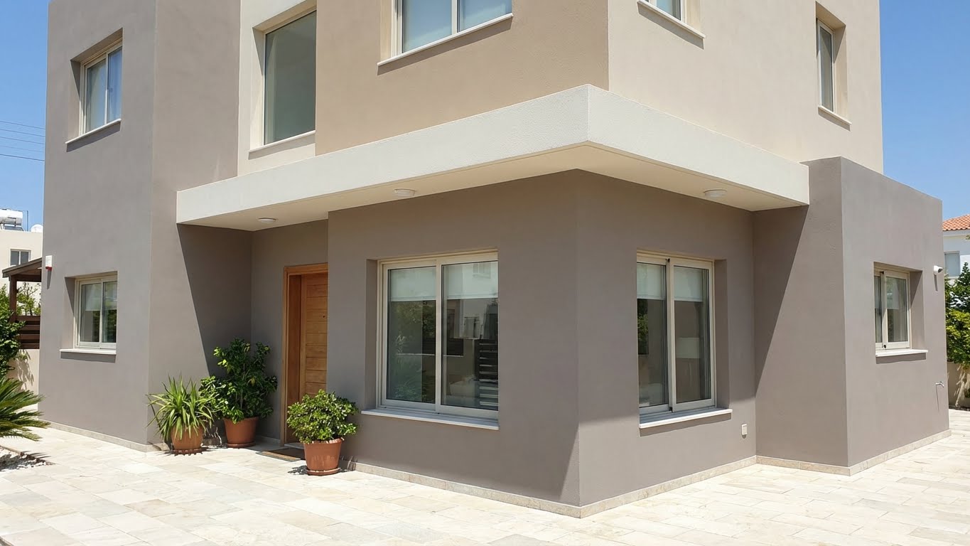 Moderne Hausfassade mit hellem Sockelanstrich und gepflastertem Eingangsbereich