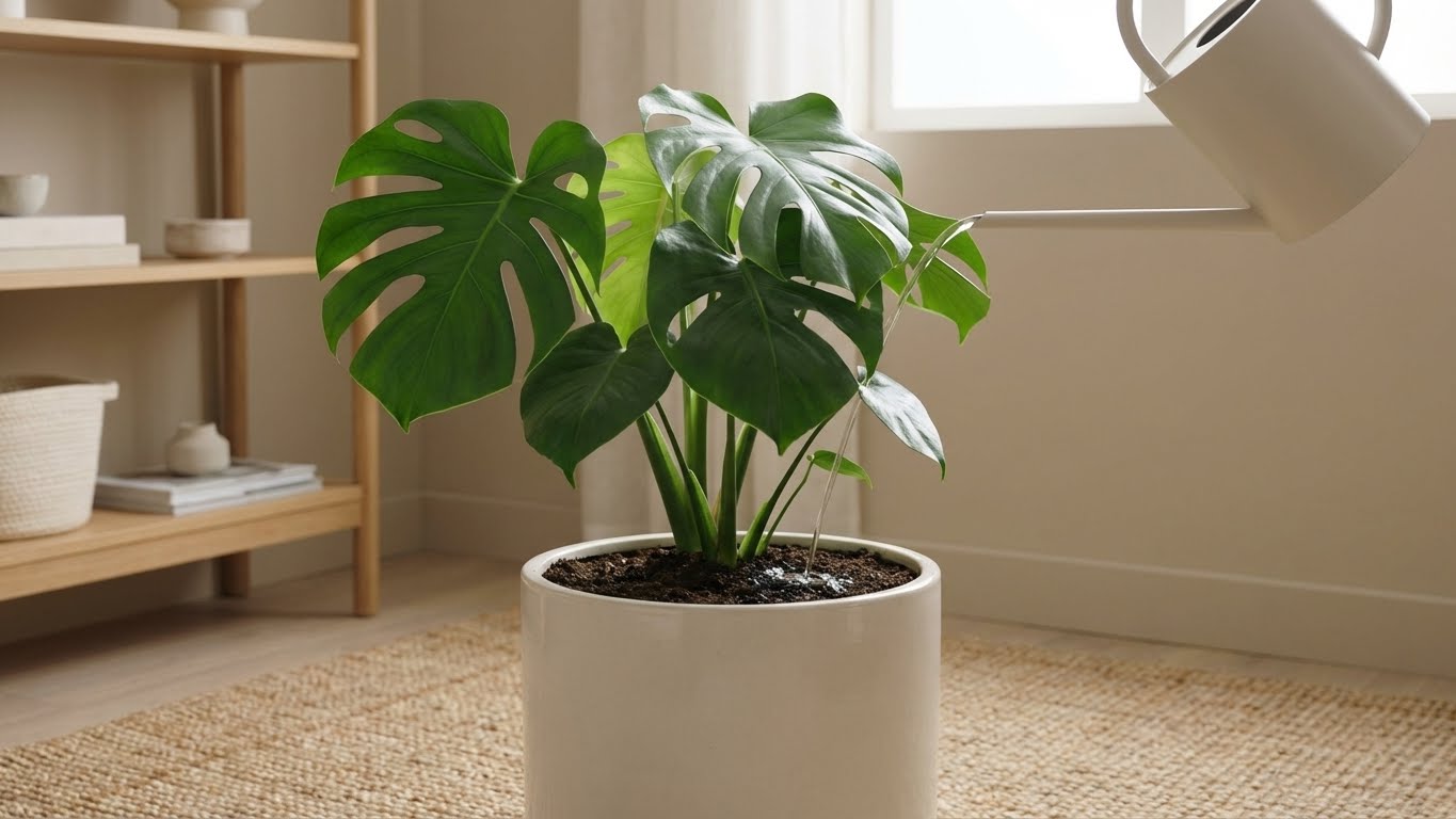 Monstera in weißem Pflanztopf beim Gießen mit gleichmäßiger Wasserverteilung auf der Erdoberfläche.