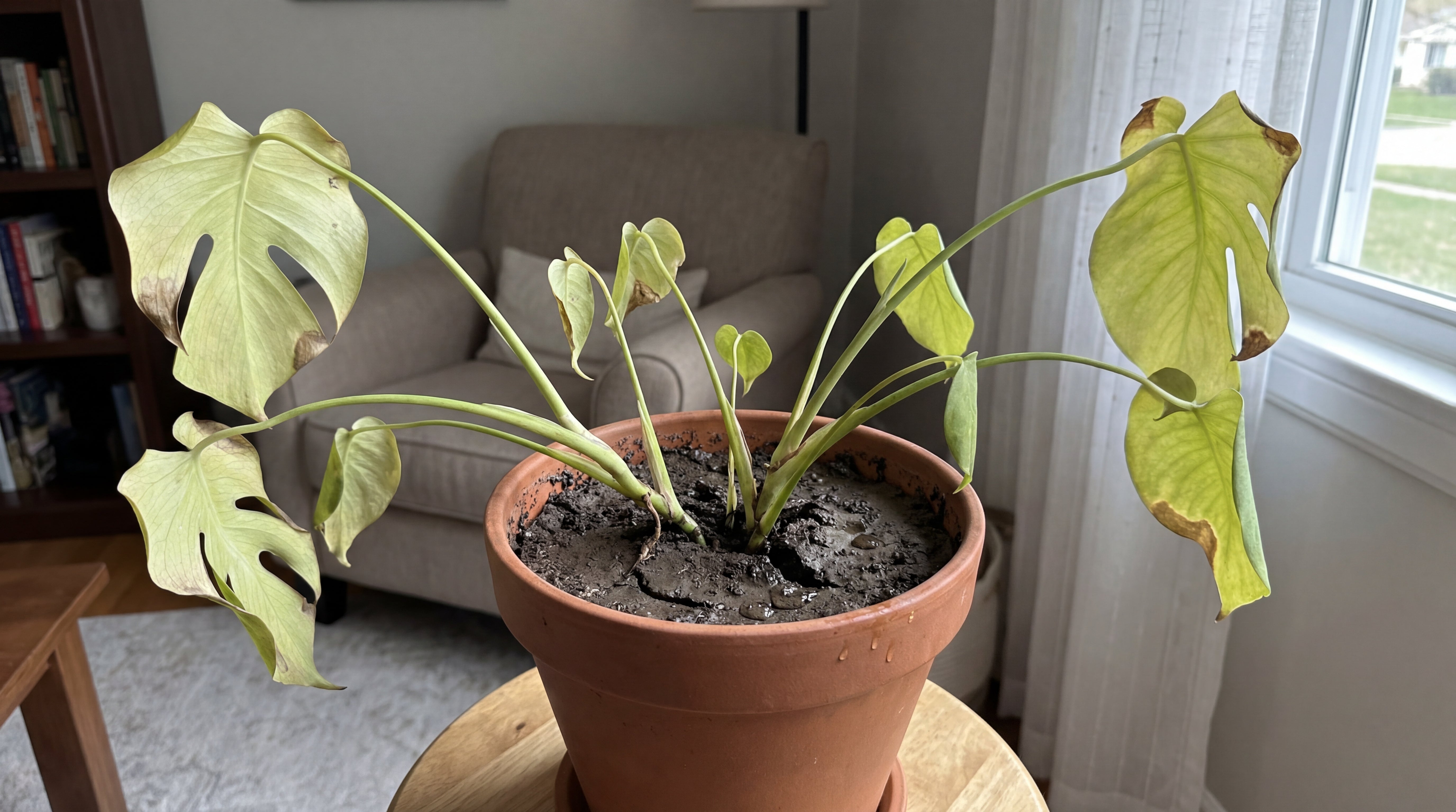 Geschwächte Monstera mit gelblichen Blättern in stark verdichteter, nasser Blumenerde als Negativbeispiel.