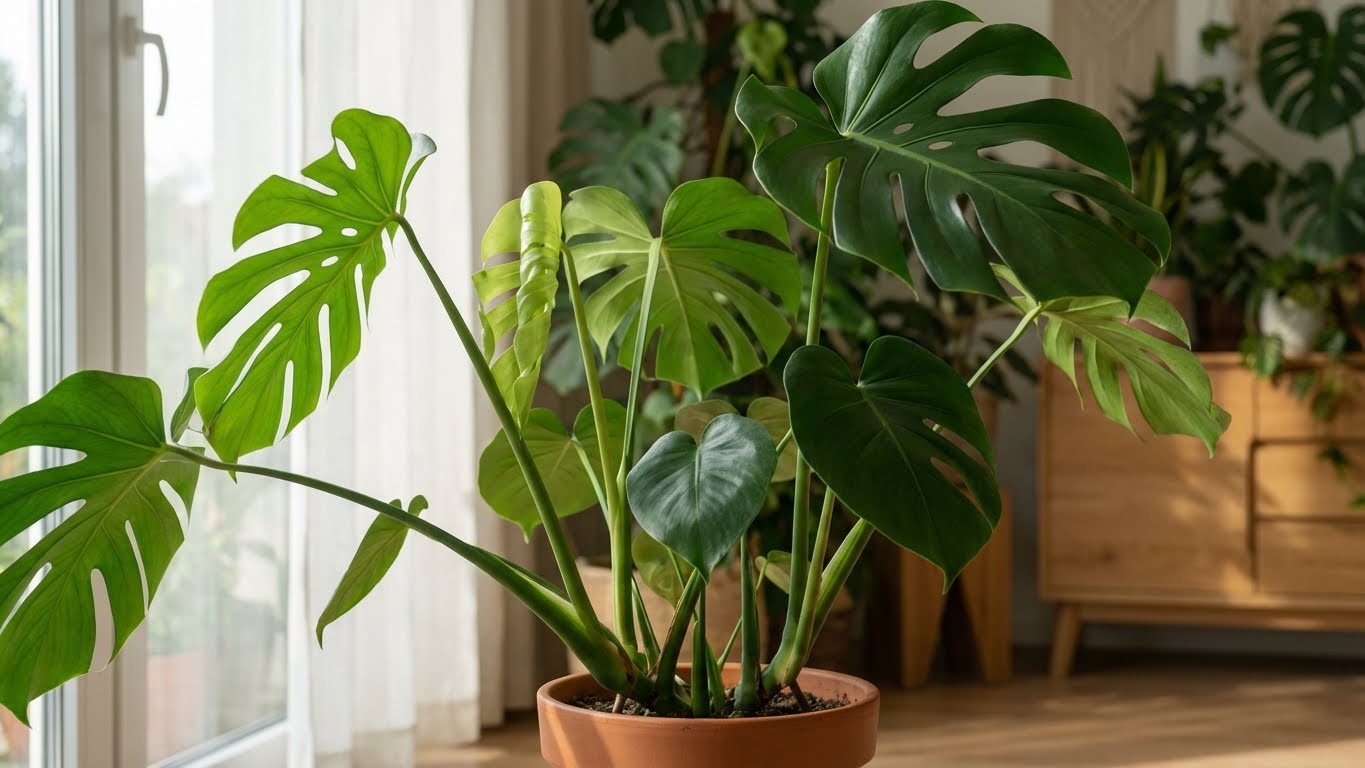 Gesunde Monstera in einem hellen Wohnraum nahe Fenster mit natürlichem Lichteinfall.