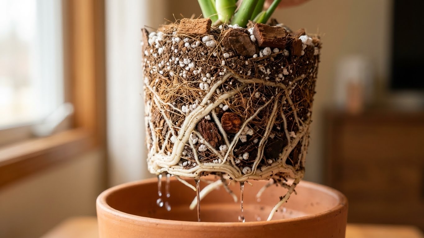 Nahaufnahme eines Monstera-Wurzelballens mit Perlite, Rindenstücken und durchlässigem Substrat über einem Pflanztopf.