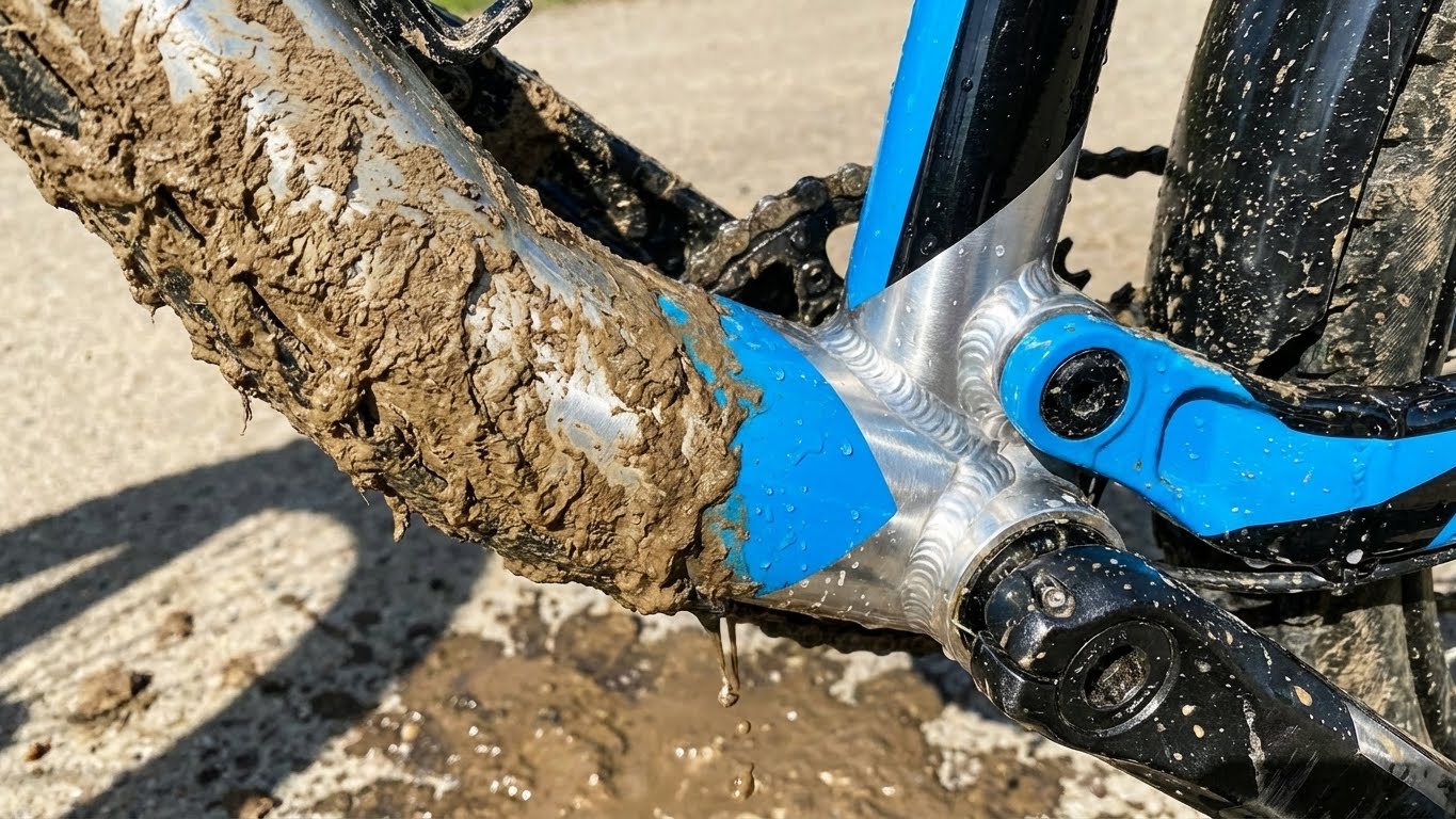 Stark verschmutztes Gravel- oder Mountainbike mit Schlamm an Rahmen, Reifen und Antrieb nach einer Offroad-Fahrt.