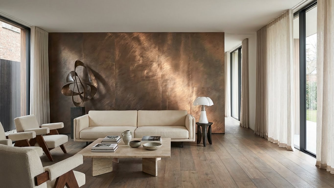 Modernes Wohnzimmer mit großer Akzentwand in Bronze Metallic Wandfarbe von My Color Room und warmem Lichtspiel auf der Oberfläche.