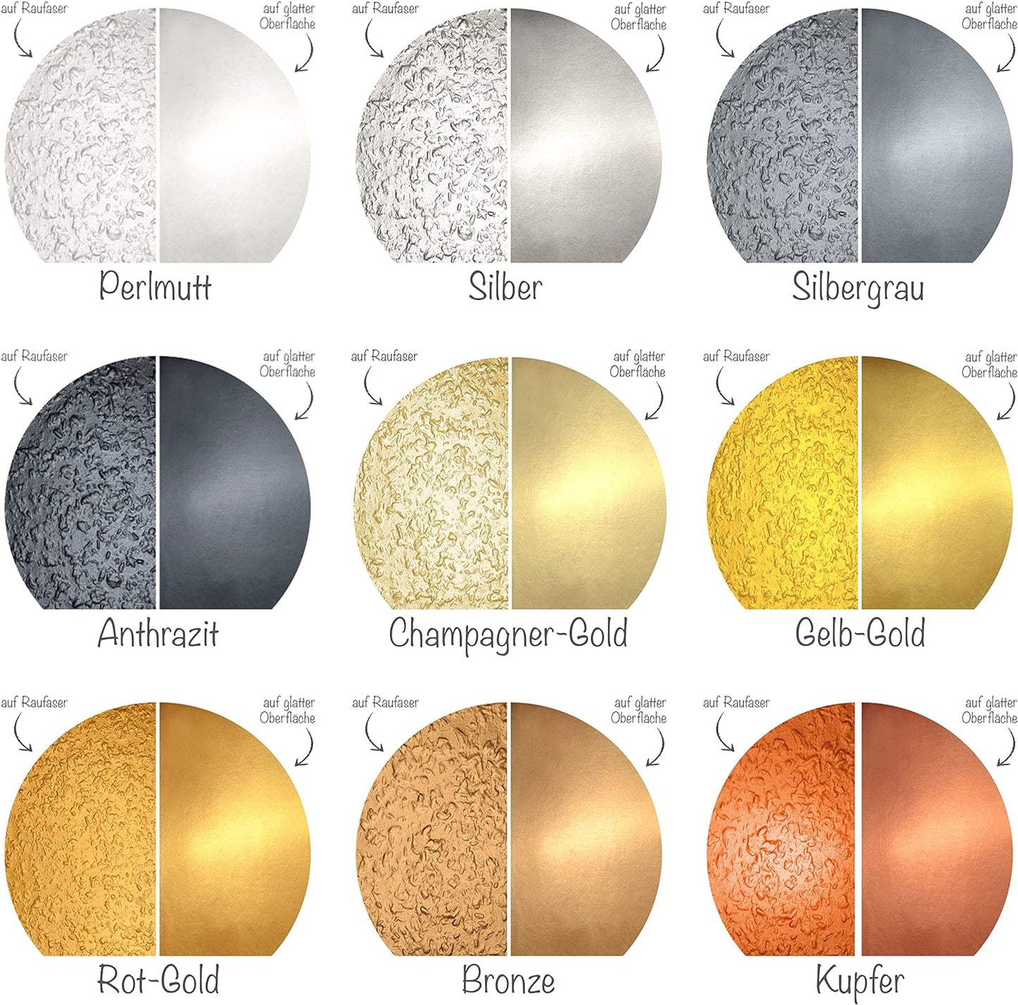 Farbübersicht der My Color Room Metallic Wandfarbe mit Mustern in Perlmutt, Silber, Silbergrau, Anthrazit, Champagner-Gold, Gelb-Gold, Rot-Gold, Bronze und Kupfer im Strukturvergleich.