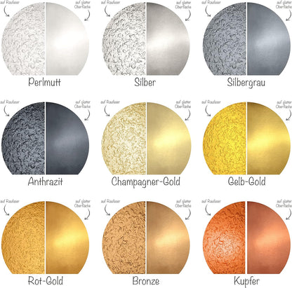 Farbübersicht der My Color Room Metallic Wandfarbe mit Mustern in Perlmutt, Silber, Silbergrau, Anthrazit, Champagner-Gold, Gelb-Gold, Rot-Gold, Bronze und Kupfer im Strukturvergleich.