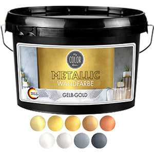 Produkteimer Metallic Wandfarbe Gelb-Gold von My Color Room mit Übersicht der verfügbaren Metallic-Farbtöne.