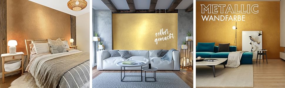 Collage mit Wohnbeispielen der My Color Room Metallic Wandfarbe in Gelb-Gold als schimmernde Akzentwand im Schlaf- und Wohnzimmer.