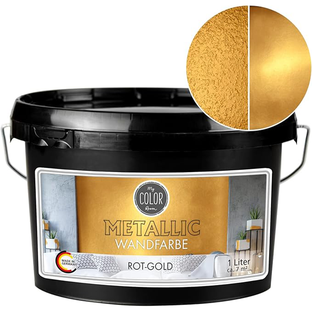 Eimer My Color Room Metallic Wandfarbe in Rot-Gold mit 1 Liter Inhalt und goldener Glanzoptik.