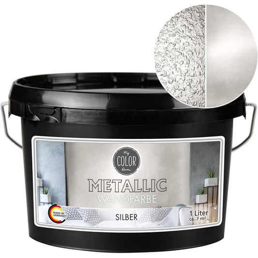 Eimer My Color Room Metallic Wandfarbe in Silber mit 1 Liter Inhalt und abgebildeter Struktur- und Glanzoptik.
