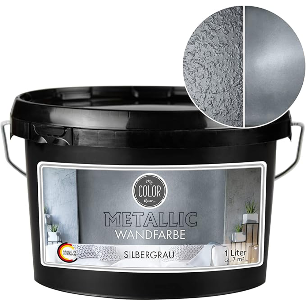 Eimer My Color Room Metallic Wandfarbe in Silbergrau mit 1 Liter Inhalt und abgebildetem Metallic-Schimmer.