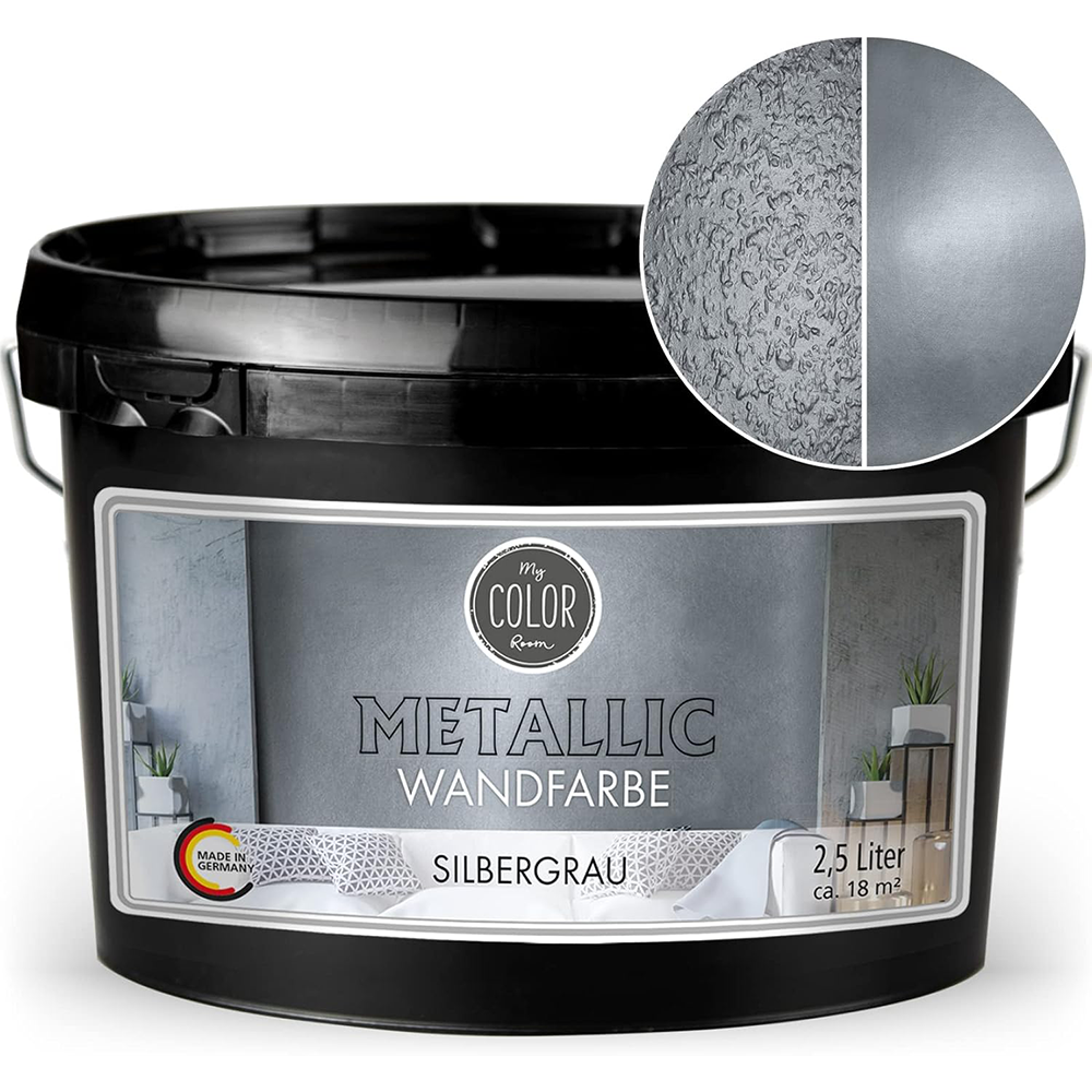 Eimer My Color Room Metallic Wandfarbe in Silbergrau mit 2,5 Liter Inhalt und strukturierter Effektansicht.