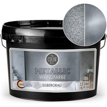 Eimer My Color Room Metallic Wandfarbe in Silbergrau mit 2,5 Liter Inhalt und strukturierter Effektansicht.