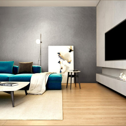 Moderner Wohnraum mit anthrazitfarbener Metallic Wandfarbe von My Color Room und glänzender Akzentfläche.