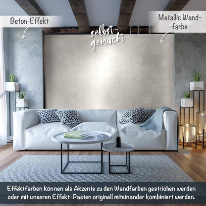 Wohnzimmer mit selbst gestalteter Akzentwand in Metallic Wandfarbe von My Color Room in Kombination mit Beton-Effekt.