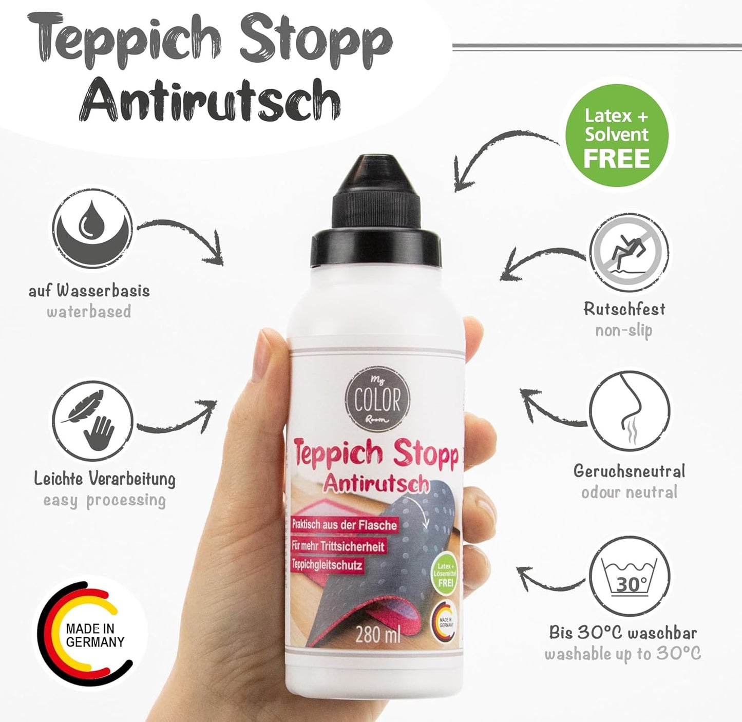 My Color Room Teppich Stopp Transparent 280 ml wird in der Hand gehalten, umgeben von Hinweisen zu wasserbasierter und rutschfester Eigenschaft.