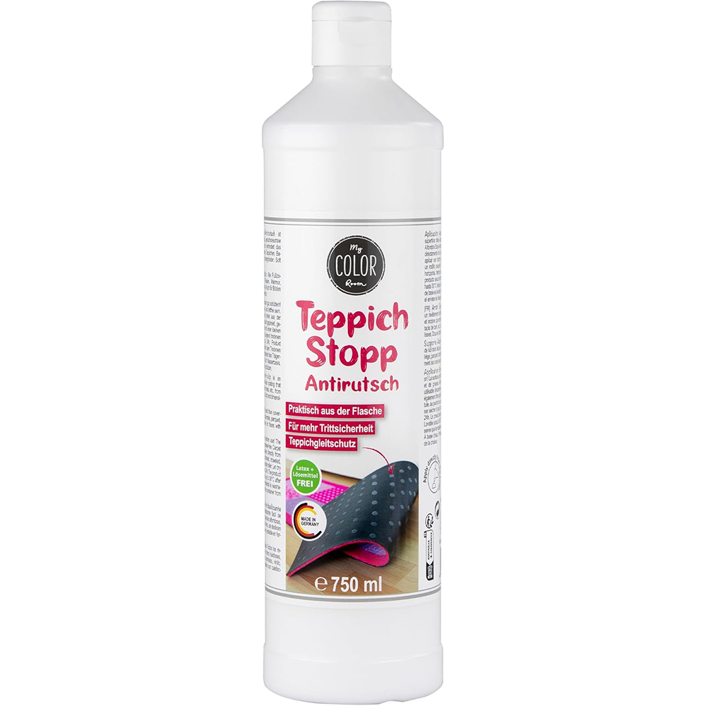 My Color Room Teppich Stopp Transparent in der 750 ml Flasche mit weißem Deckel und großem Produktetikett freigestellt dargestellt.