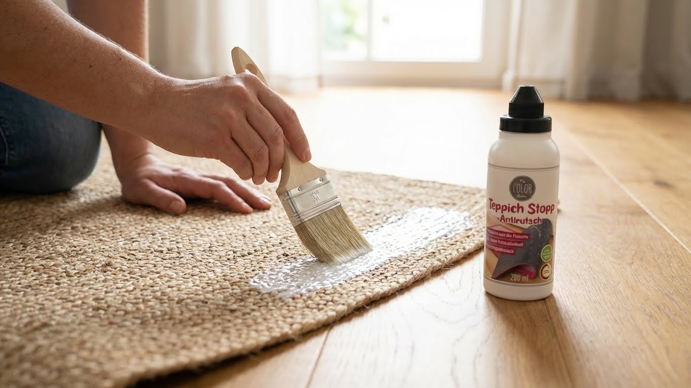 My Color Room Teppich Stopp Transparent wird mit einem Pinsel auf die Teppichrückseite aufgetragen, daneben steht die 280 ml Flasche.