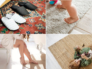 Collage mit verschiedenen Anwendungsbeispielen von My Color Room Teppich Stopp Transparent auf unterschiedlichen Teppichen im Wohnbereich.