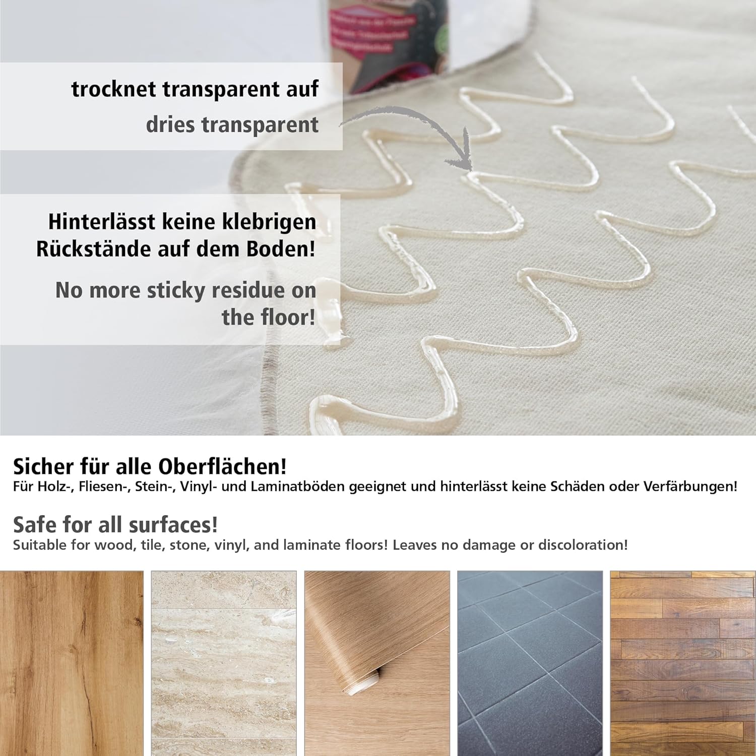 Detailaufnahme von My Color Room Teppich Stopp Transparent als aufgetragene Linien auf der Teppichrückseite mit Hinweis auf transparente Trocknung und Eignung für verschiedene Bodenarten.