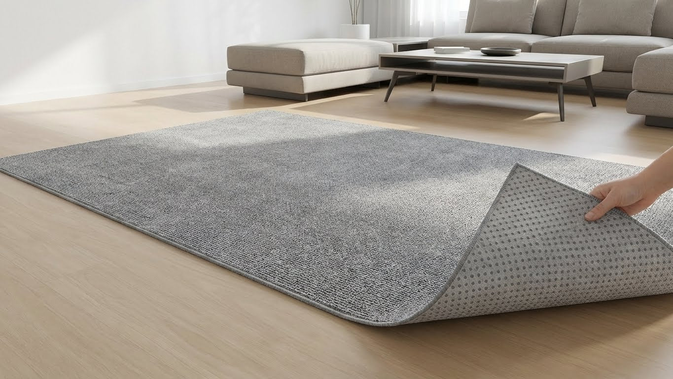 Wohnzimmer mit angehobenem Teppich, der mit My Color Room Teppich Stopp Transparent rutschfest fixiert ist.