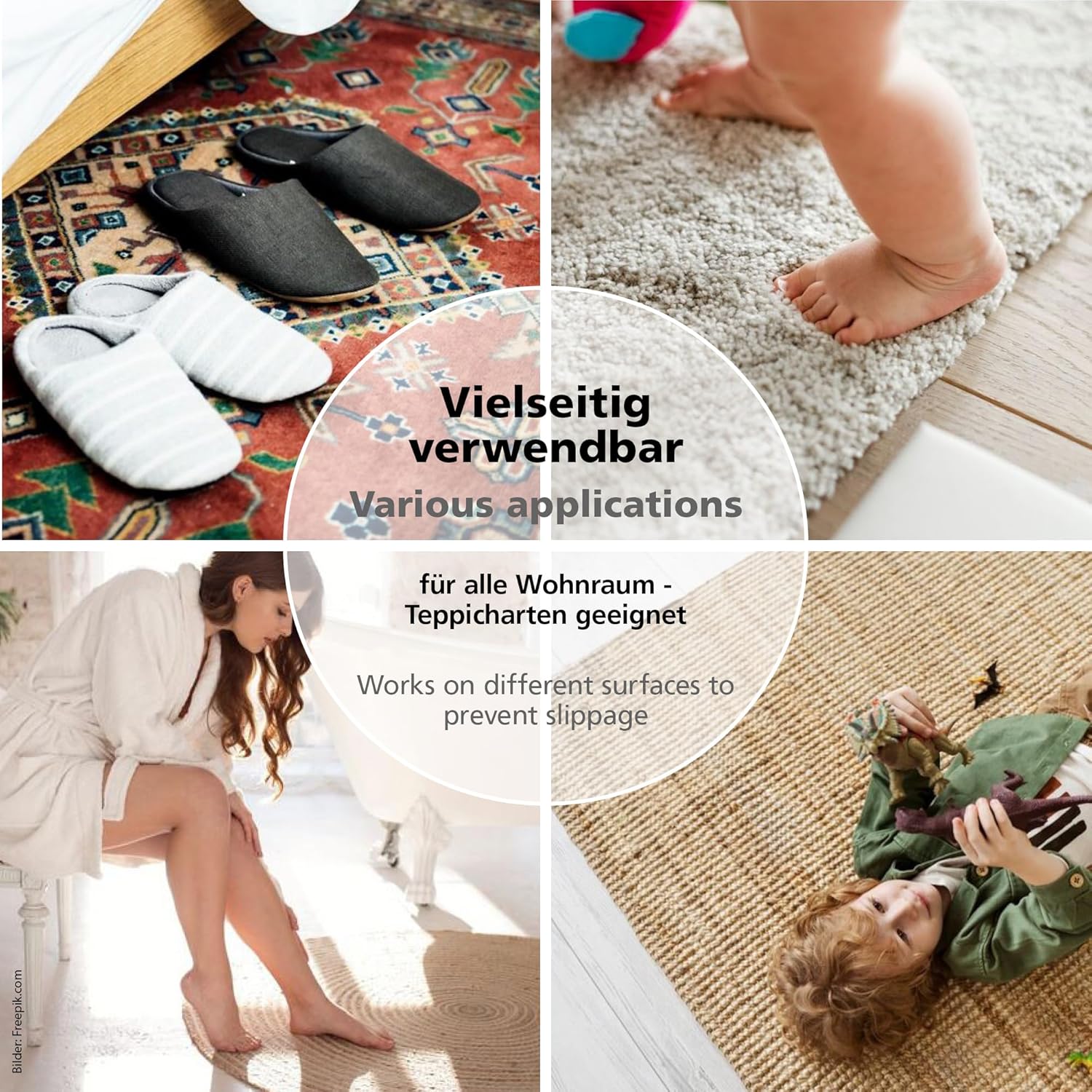My Color Room Teppich Stopp Transparent im Einsatz auf verschiedenen Teppicharten im Wohnbereich, gezeigt mit Hausschuhen, Kind und Badteppich.