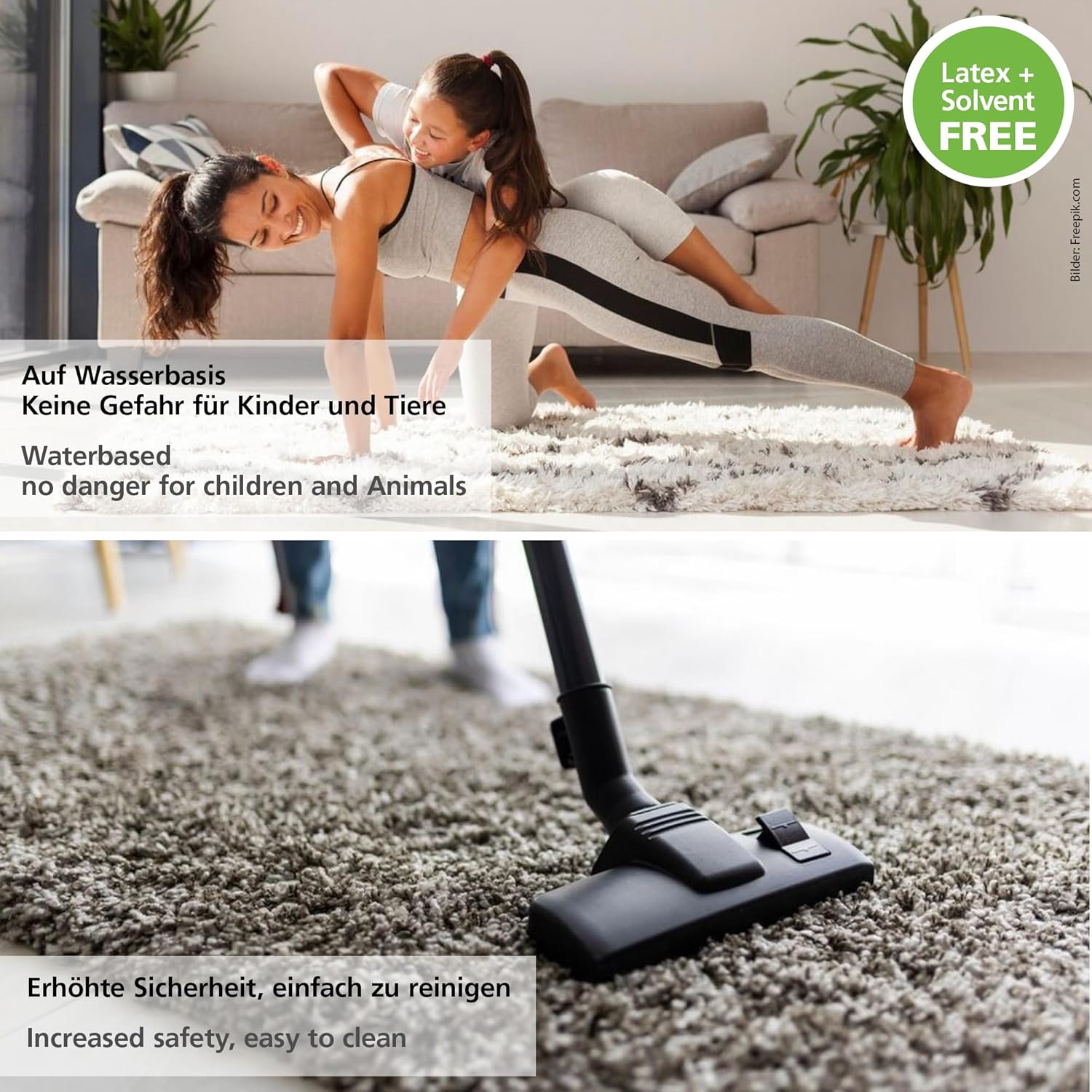 My Color Room Teppich Stopp Transparent sorgt für rutschfesten Halt auf Teppichen im Wohnraum, dargestellt mit spielendem Kind und Staubsauger auf Teppichboden.