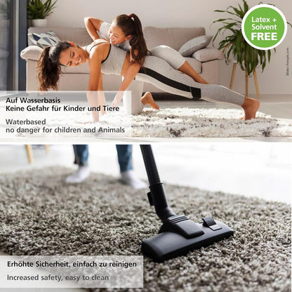 My Color Room Teppich Stopp Transparent sorgt für rutschfesten Halt auf Teppichen im Wohnraum, dargestellt mit spielendem Kind und Staubsauger auf Teppichboden.