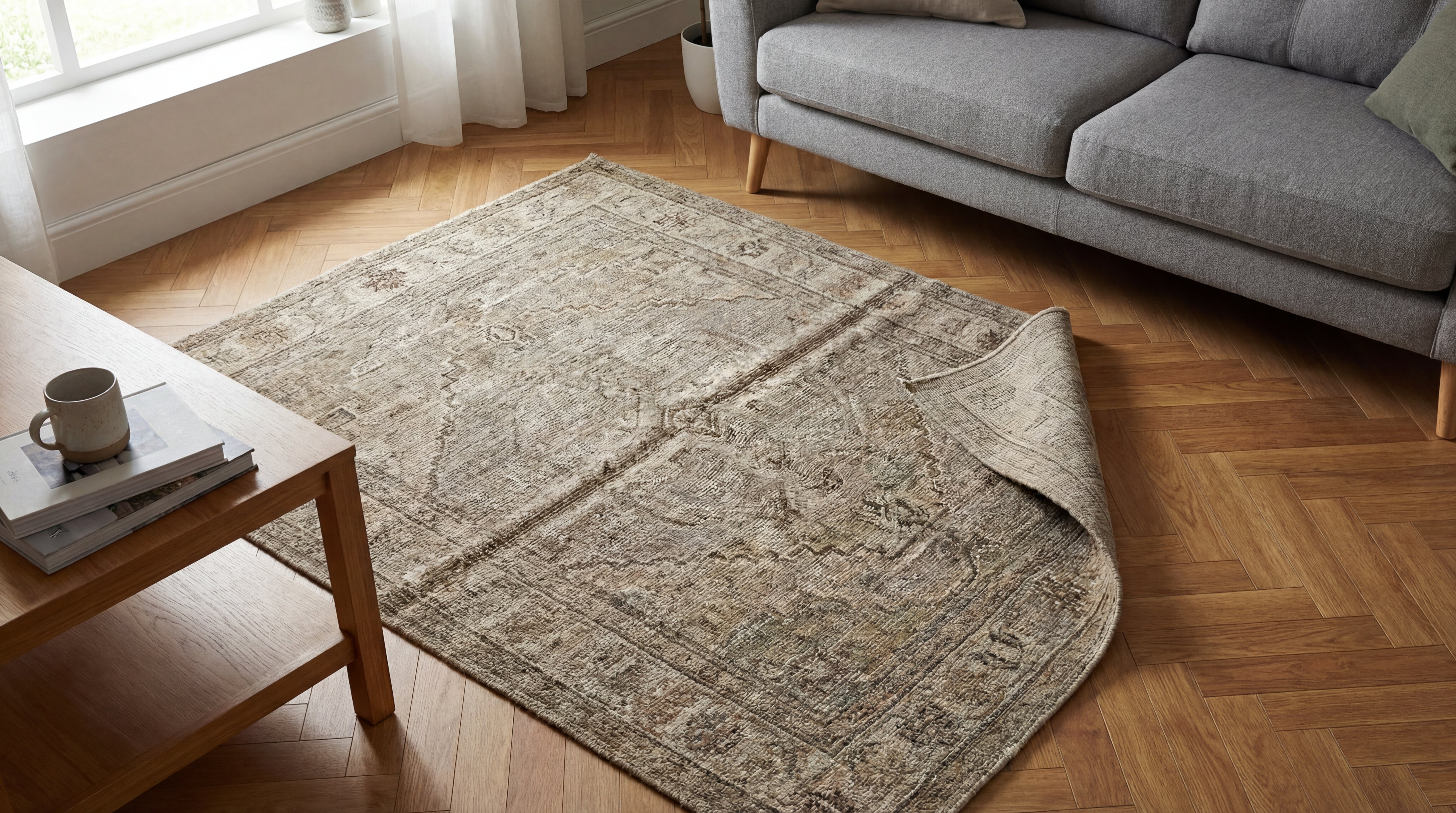 My Color Room Teppich Stopp Transparent im Wohnzimmer angewendet, Teppich liegt glatt auf Parkettboden neben Sofa und Couchtisch.